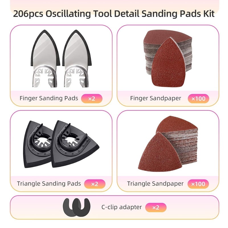 Sankuai 206 pc Oscillating Tool Pad Kit, Triangle Pads, Finger Pads, C-Clip Adapters, 200 pc Multitool Sanding Paper for Wood & Plaster - Image 3